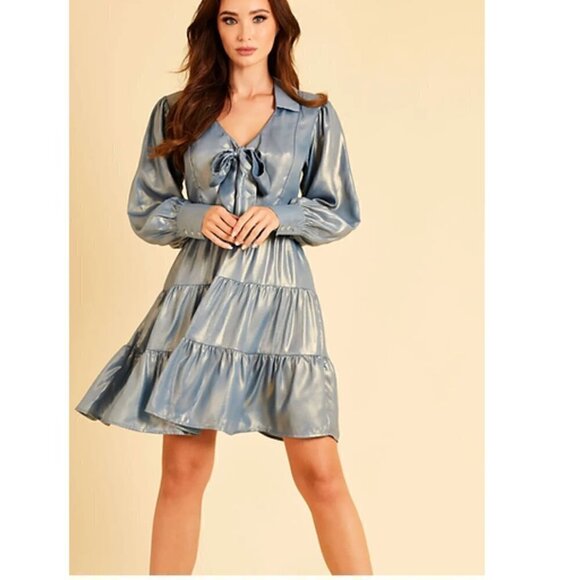 skirt and Stiletto Metallic Blue Mermaidcore Long Sleeve A Line Bow Dress - Picture 6 of 11